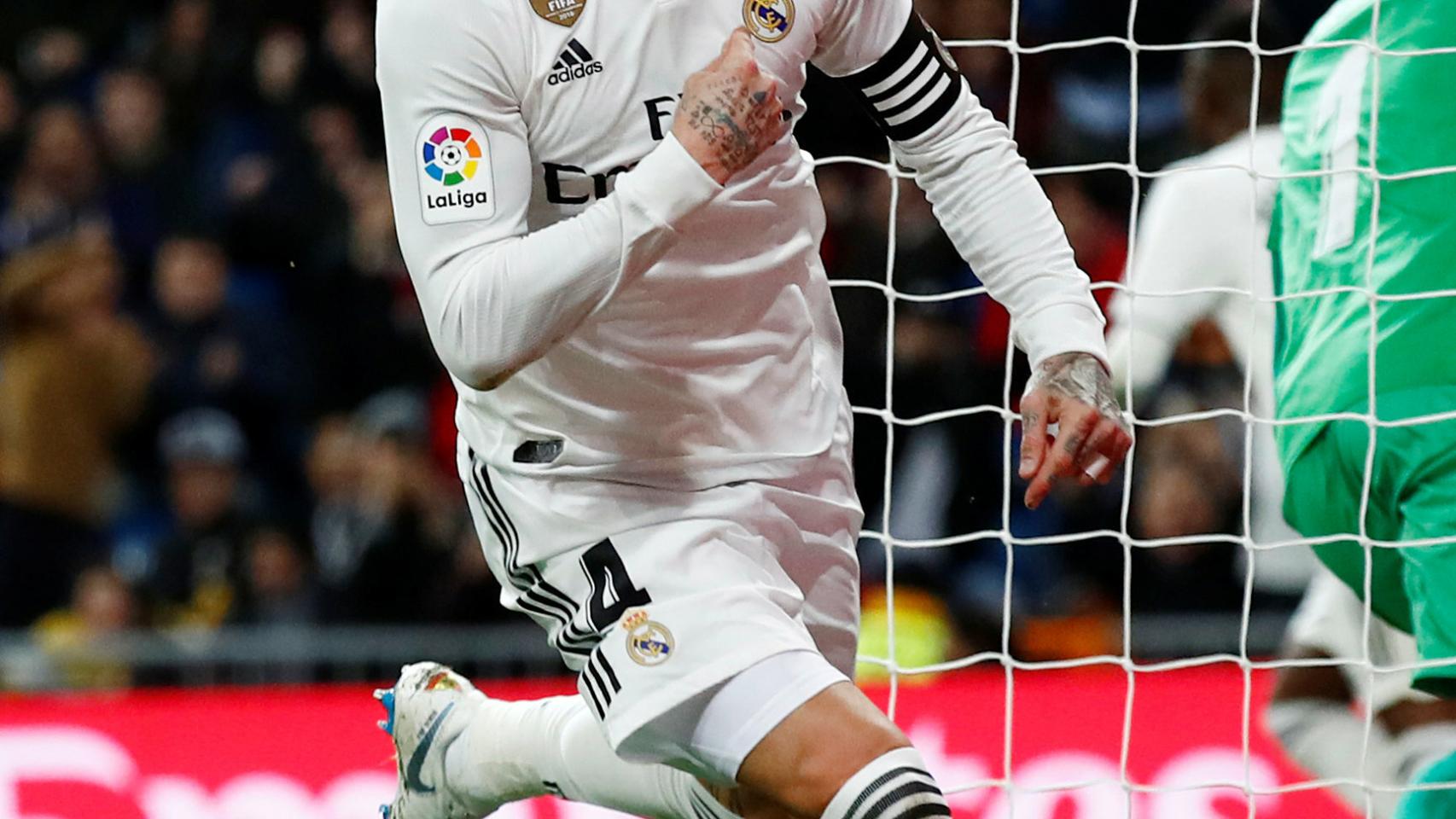 Celebración de Sergio Ramos tras su segundo gol al Girona