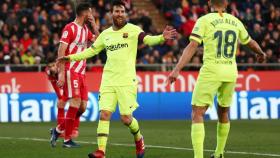 Leo Messi y Jordi Alba celebran un gol ante el Girona