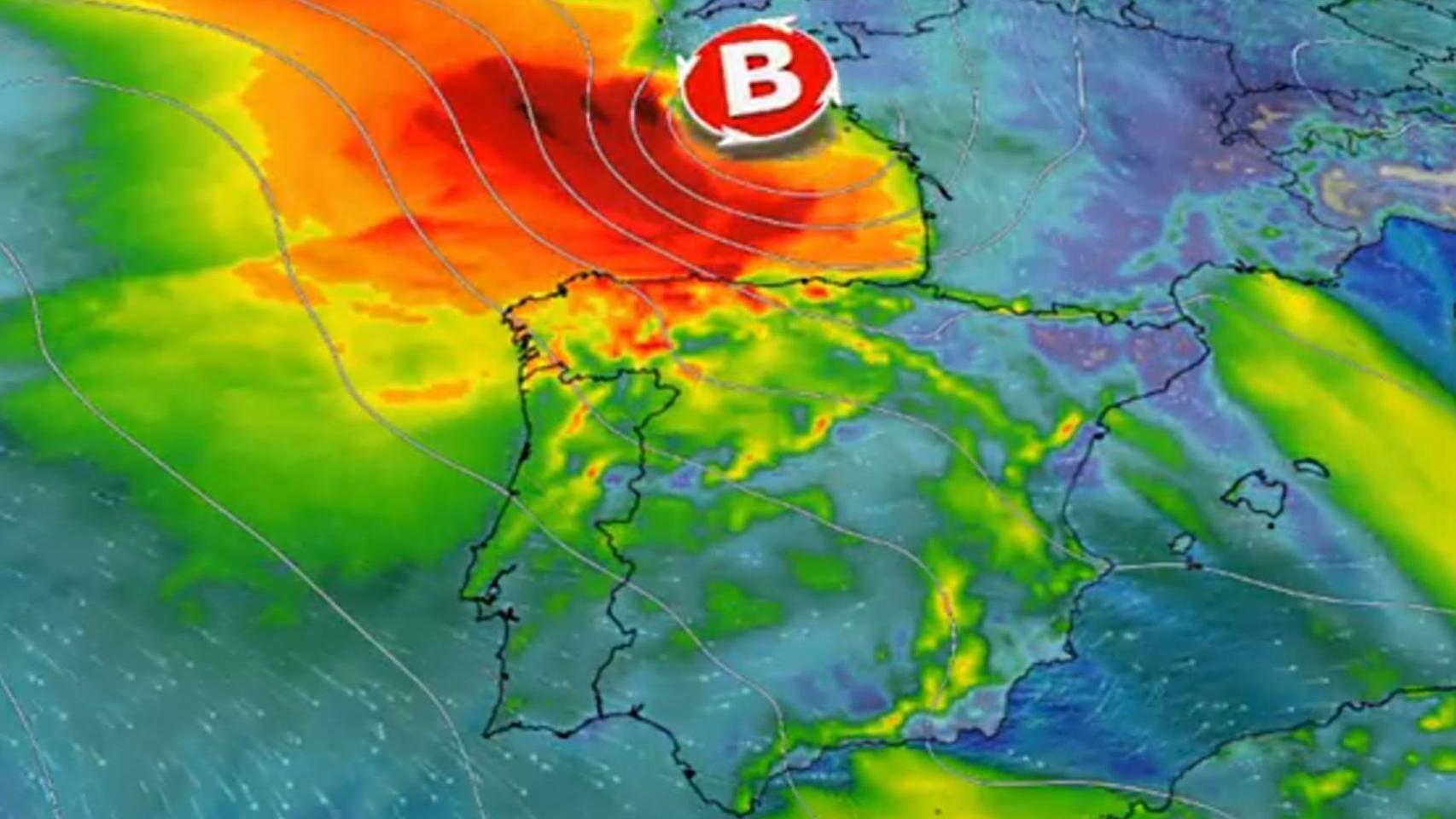 La entrada de la borrasca Gabriel por el golfo de Vizcaya según los modelos de eltiempo.es.