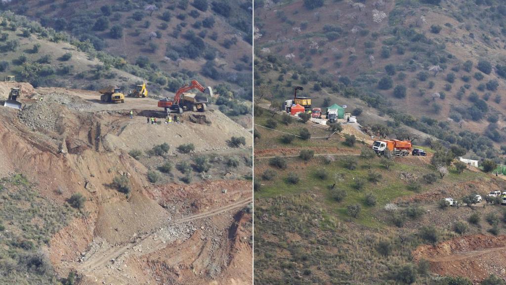 La zona cero del rescate de Julen, a comienzos de las excavaciones y al final del suceso.