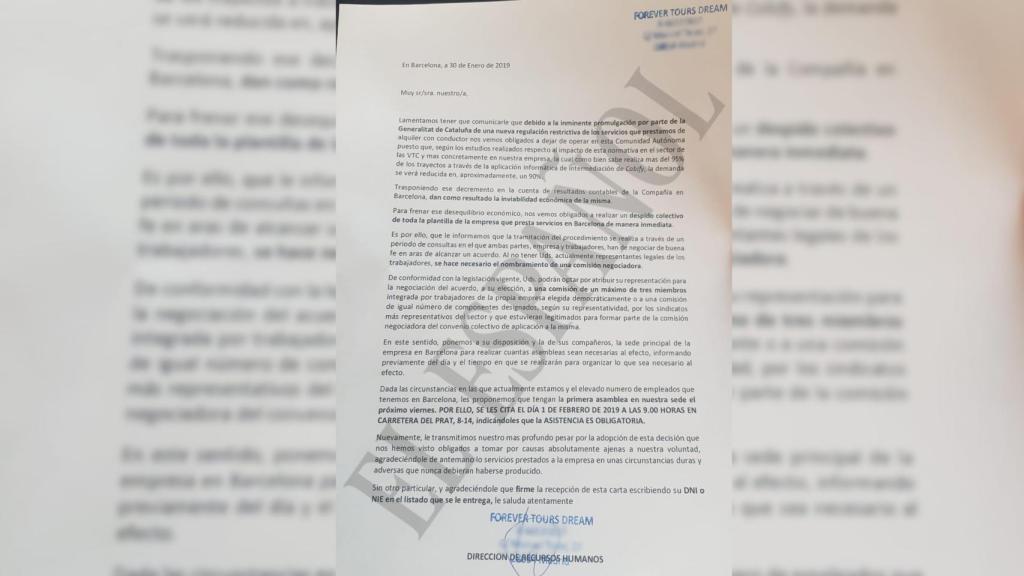 La carta de despido colectivo de una VTC catalana.