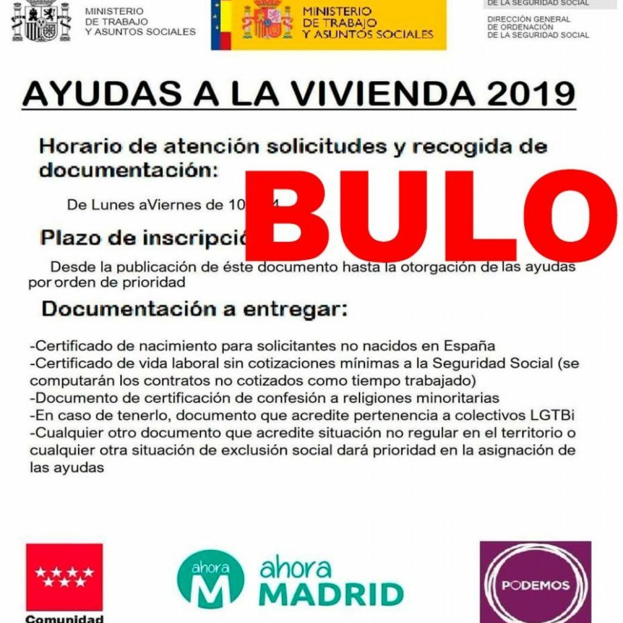 Documento falso para la ayuda a la Vivienda 2019. Foto: Maldito Bulo