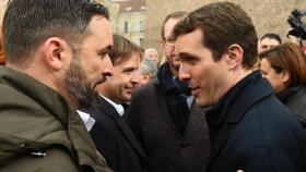 El presidente de VOX, Santiago Abascal, y el presidente del PP, Pablo Casado, dialogan durante la manifestación en Colón.