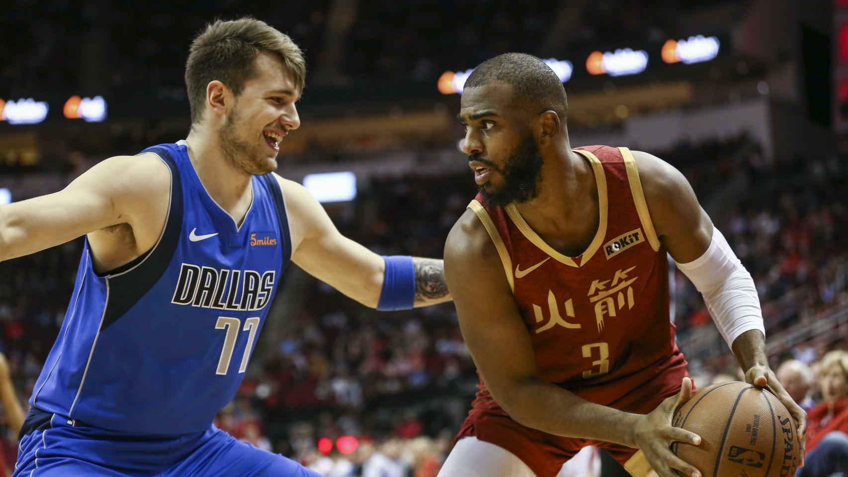 Doncic defendiendo a Chris Paul