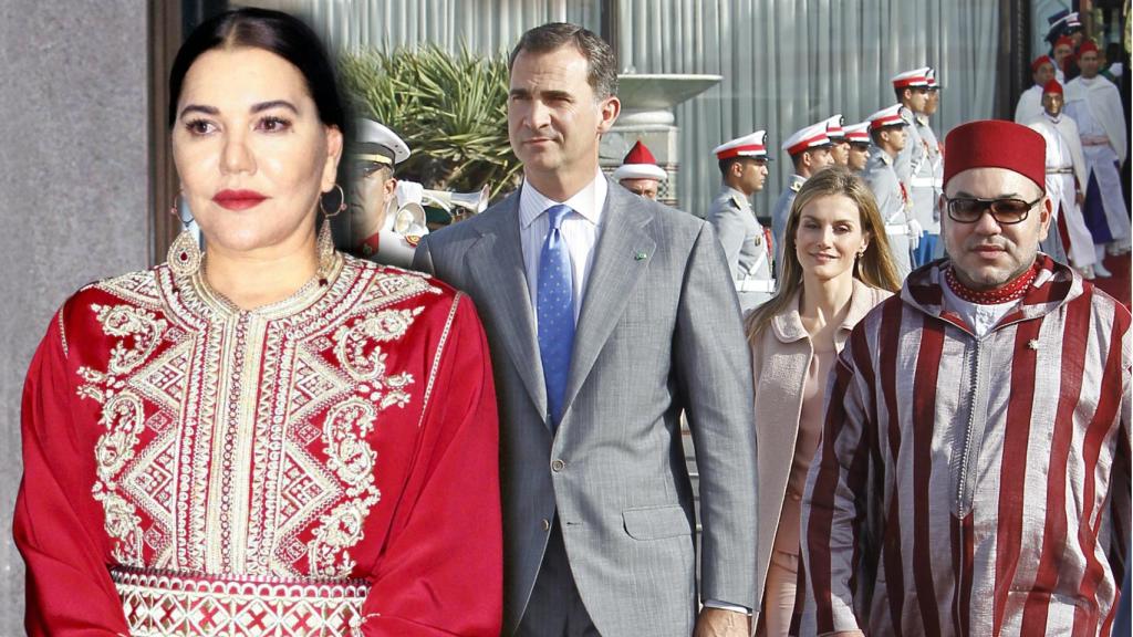 Lalla Hasna y los reyes Felipe y Letizia junto al rey Mohamed VI, en un montaje de Jaleos.