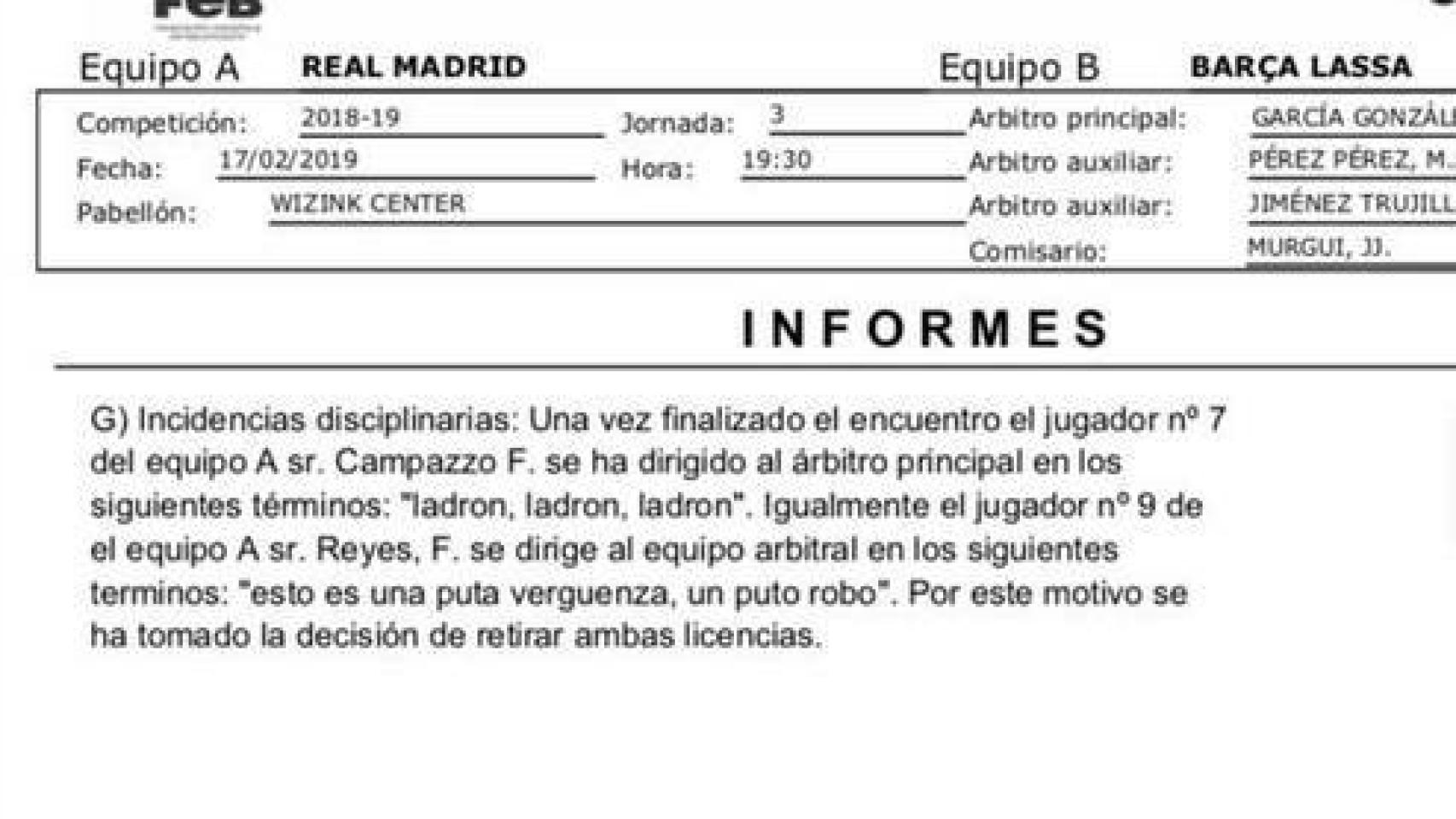 Acta arbitral de la final de la Copa del Rey. Foto: Twitter. (@partidazocope)