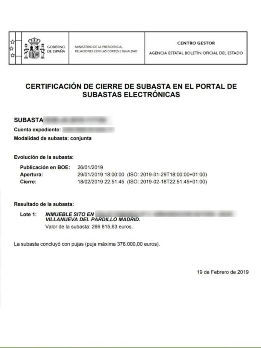 Copia del certificado de cierre de subasta de la casa de Toño Sanchís.