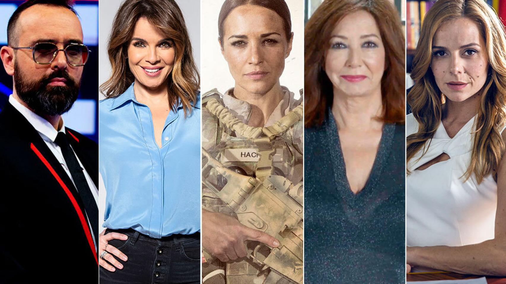 Risto Mejide, Carme Chaparro, Paula Echevarría, Ana Rosa Quintana y Myriam Gallego (Mediaset).