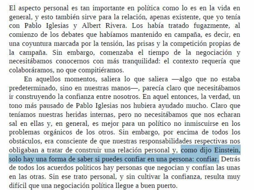 El extracto del libro en el que Sánchez cita a Einstein.