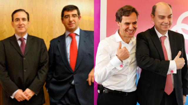 A la izquierda, Antonio Huertas, actual presidente de Mapfre y José Luis Bernal, primer director general de Verti, durante la presentación de Verti en 2010. A la derecha, Pedro Díaz Yuste, CEO de Savia, junto con Jose Manuel Inchausti, CEO regional Iberia de Mapfre, durante la presentación de Savia.