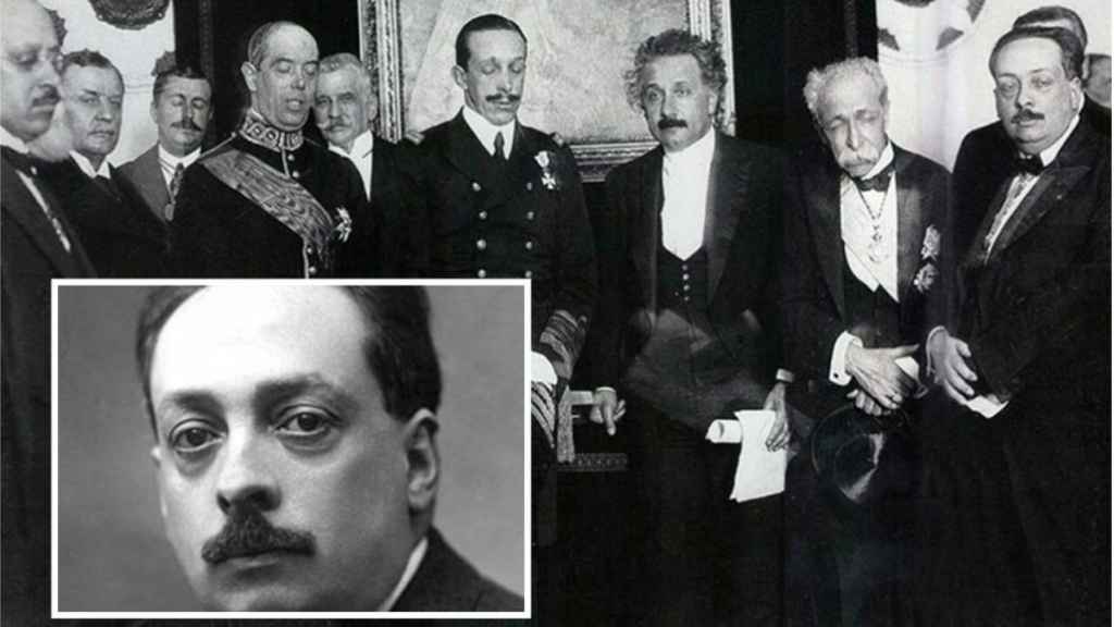 Blas Cabrera, a la derecha, en la recepción de Alfonso XIII a Einstein.