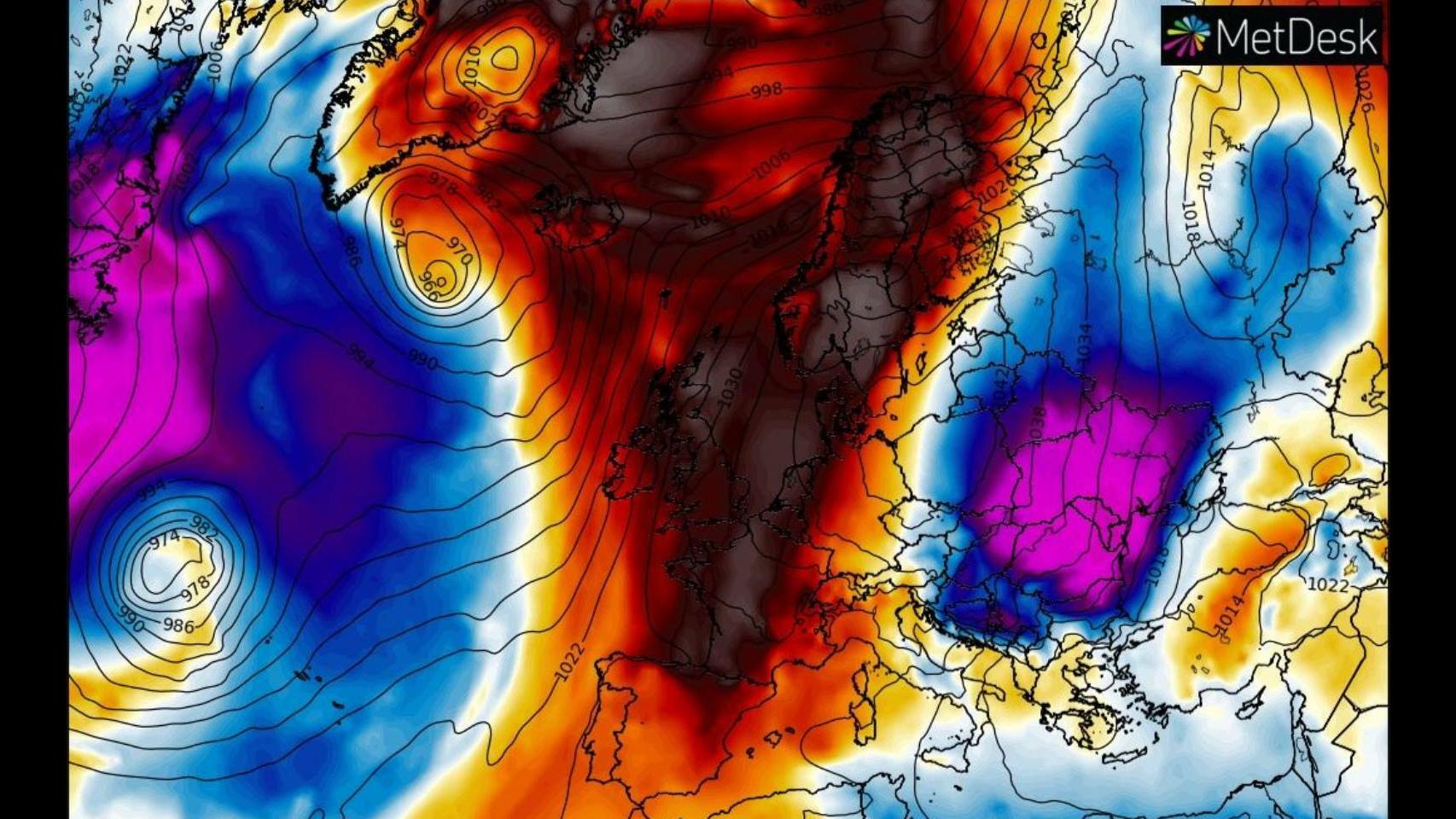 Previsión de anomalías de temperaturas en toda Europa para el domingo 24 de febrero.