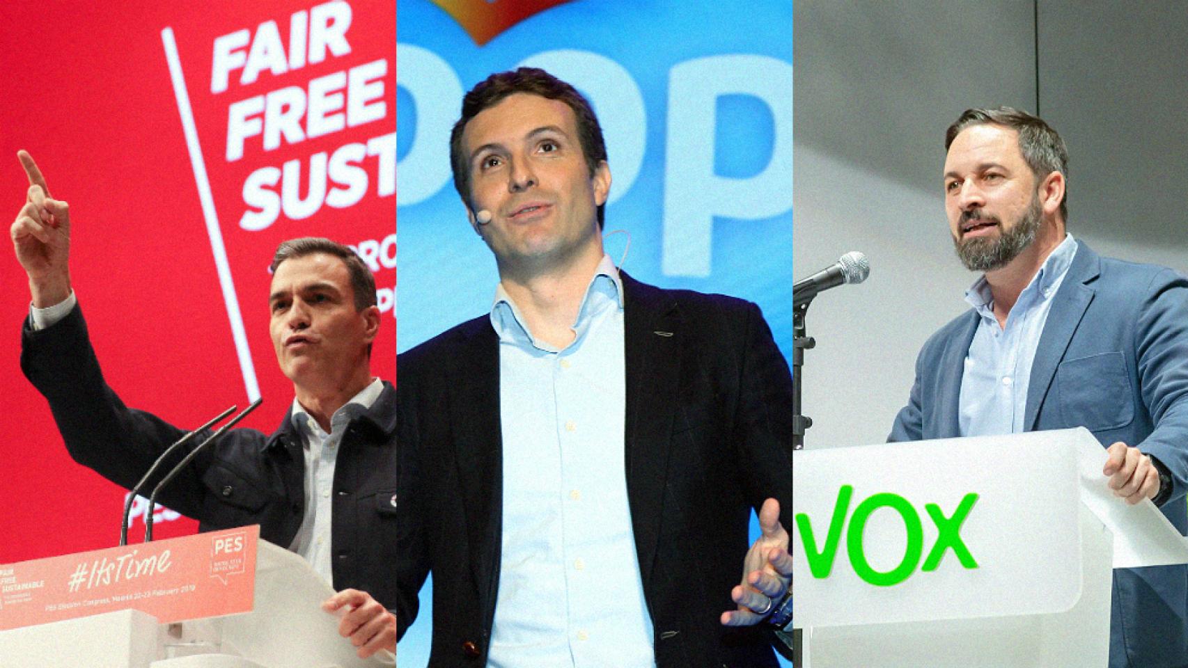 Pedro Sánchez, Pablo Casado y Santiago Abascal.