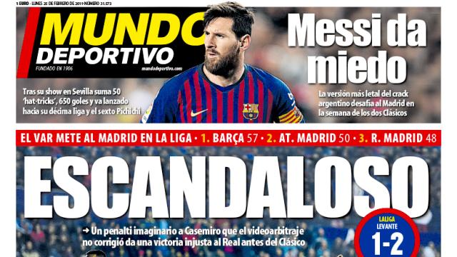 La portada del diario Mundo Deportivo (25/02/2019)