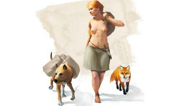 Representanción artística de una mujer de la Edad de Bronce acompañada por un perro y un zorro.
