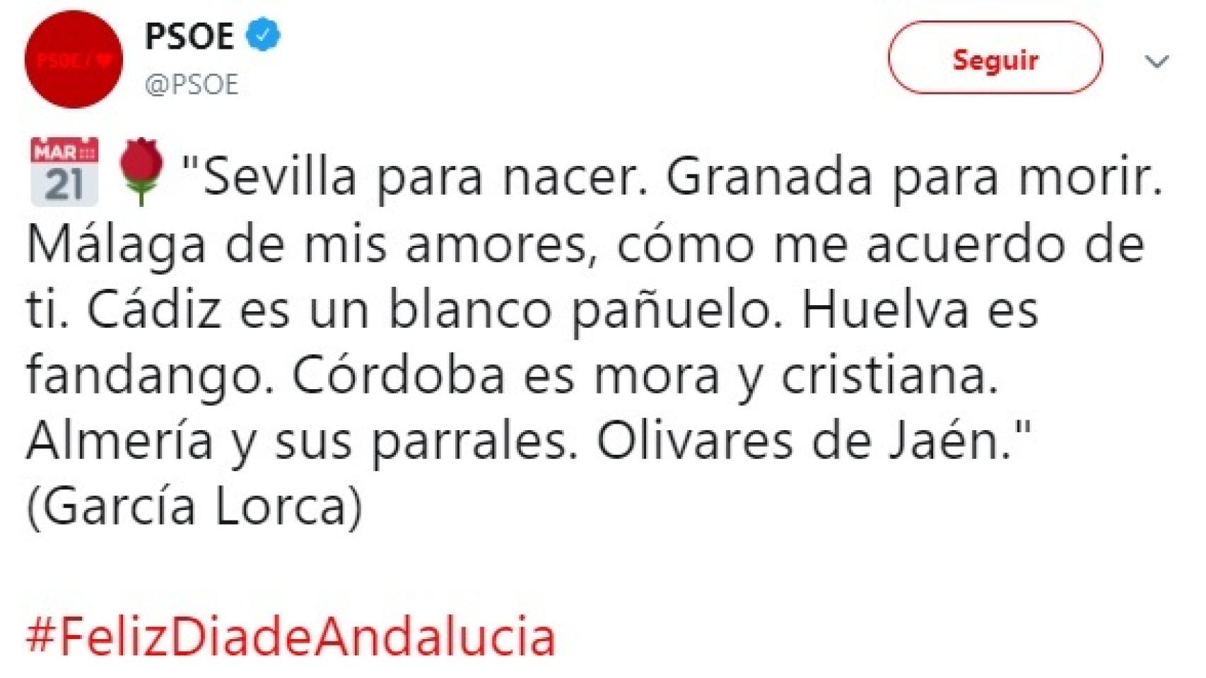 Captura del tuit del PSOE para felicitar el Día de Andalucía.