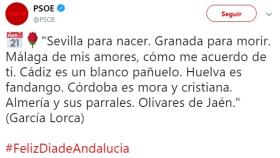 Captura del tuit del PSOE para felicitar el Día de Andalucía.