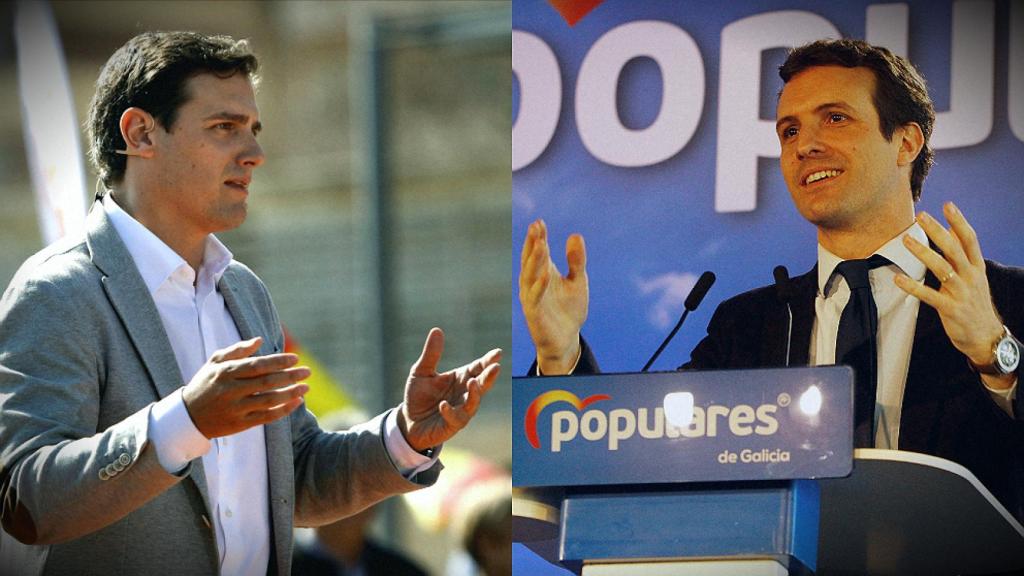 Albert Rivera y Pablo Casado, en sus mítines de Barcelona y Ferrol.