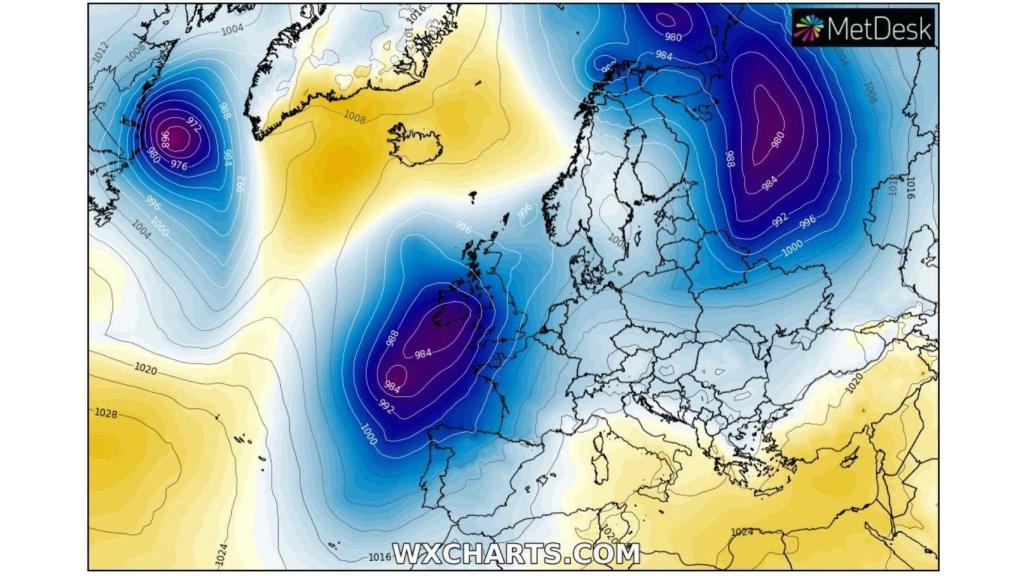 La situación de la borrasca Laura frente a España en las primeras horas del miércoles. Severe-weather.eu.