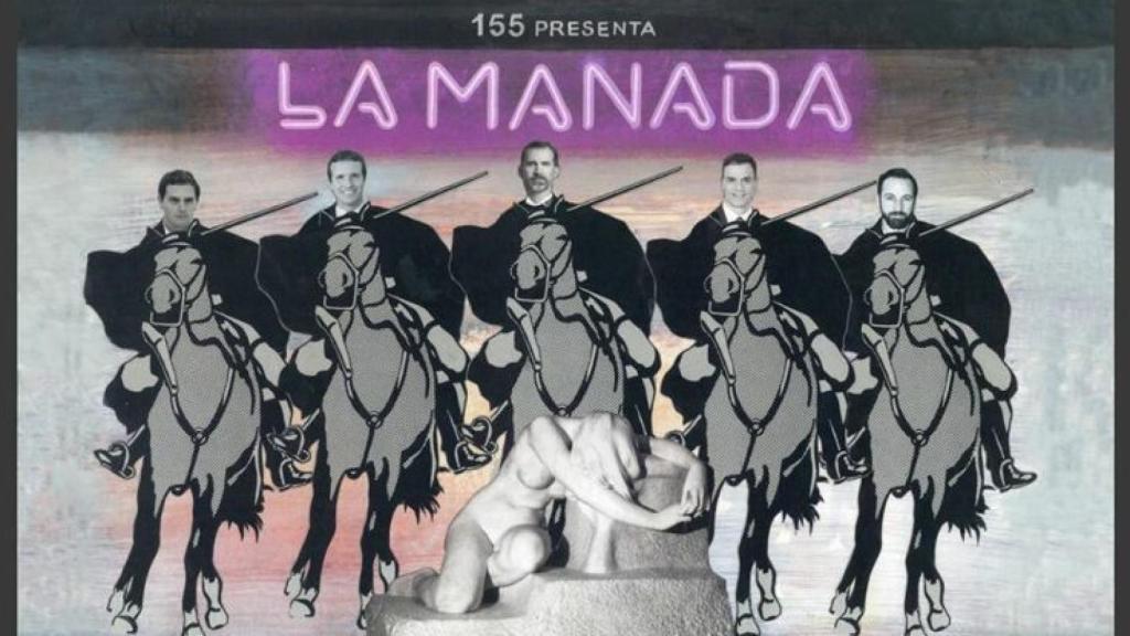 Mural titulado La Manada, colgado en la fachada del Ayuntamiento de Olot (Gerona), con Felipe VI, Sánchez, Casado, Rivera y Abascal.