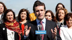 El presidente del PP, Pablo Casado, durante su intervención en la clausura de un acto con candidatas autonómicas y municipales del PP con motivo Día Internacional de la Mujer.