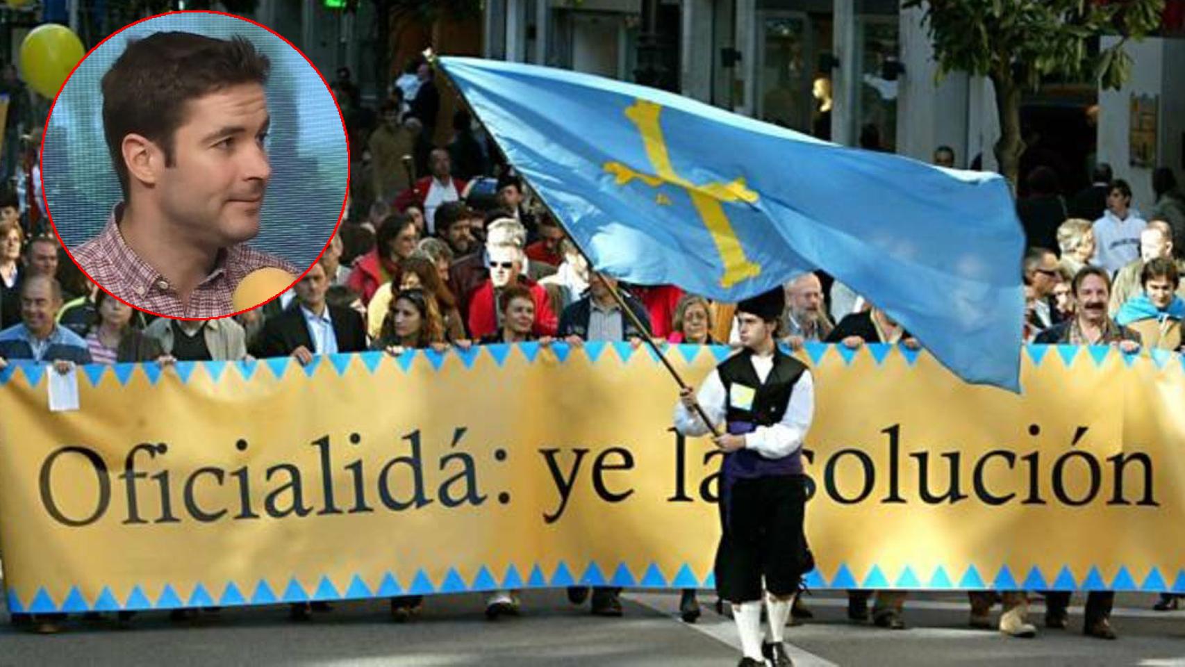 Manifestación a favor del bable, junto a una imagen del portavoz de la plataforma contra la cooficialidad.