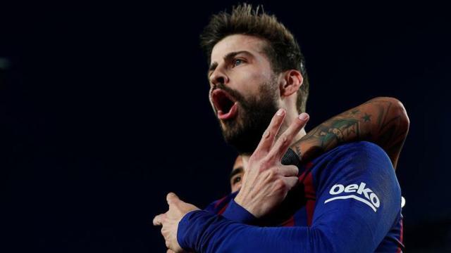 Piqué celebra su gol ante el Rayo