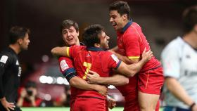 Los jugadores de la selección española de ruby celebran la victoria ante Nueva Zelanda