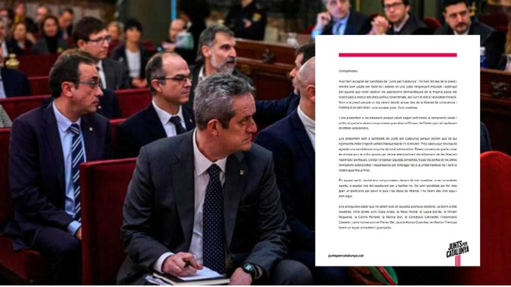 Los presos y candidatos de PDeCAT en el banquillo del Supremo, junto a su carta desde la cárcel.