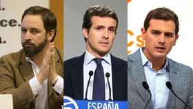 Santiago Abascal, Pablo Casado y Albert Rivera.