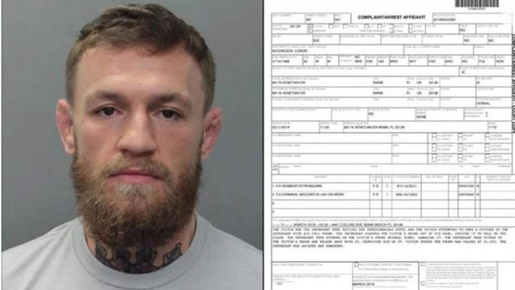 Imagen de Conor McGregor arrestado junto a su ficha policial. Foto: Twitter (@MiamiBeachPD)