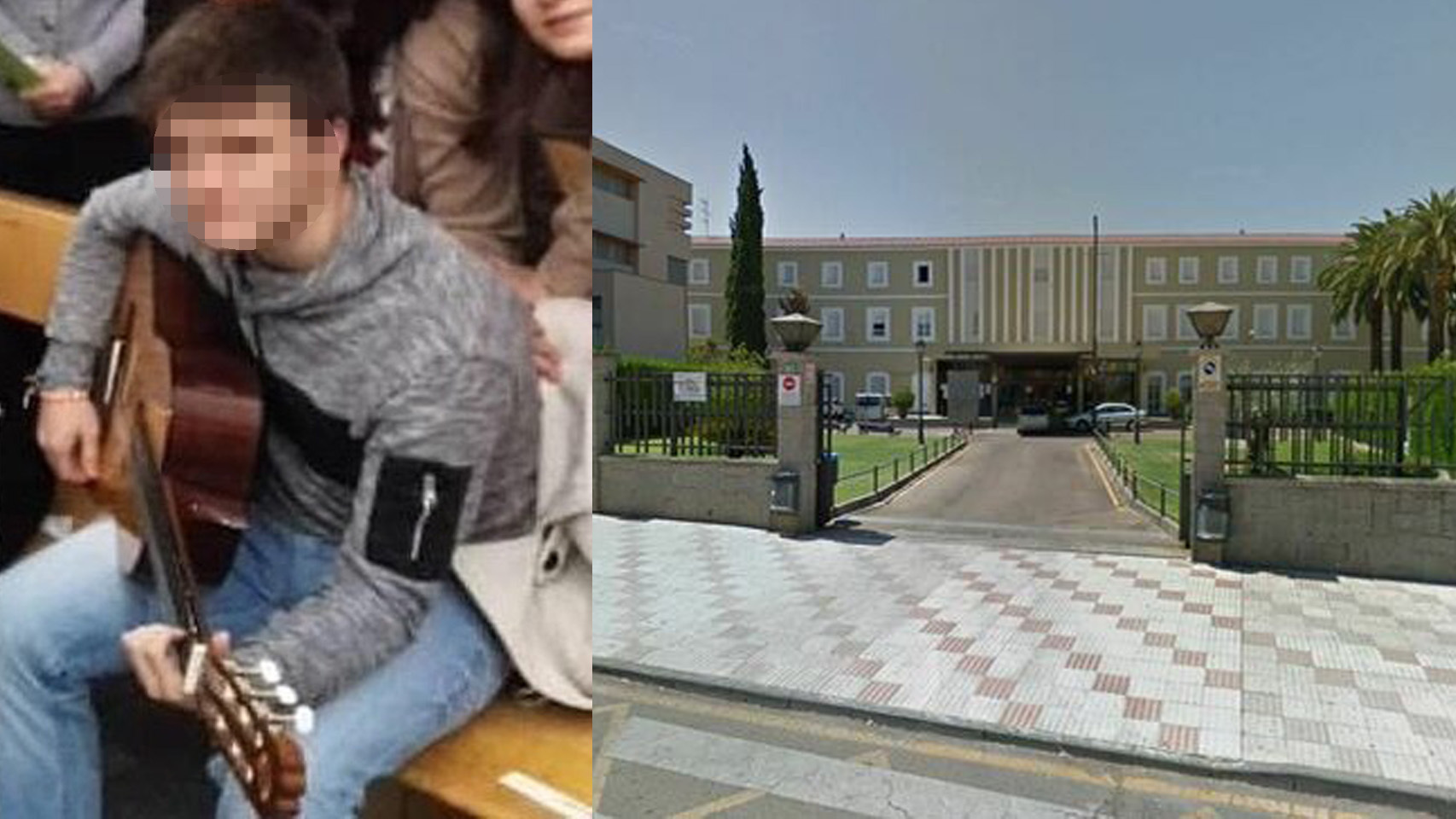 A la izquierda, P., el menor que se ha precipitado por una ventana en el colegio Claret de Don Benito (Extremadura), a la derecha, el centro educativo.