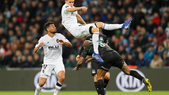 Jugadores del Valencia en el choque ante el Krasnodar