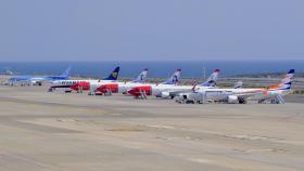 Varios aviones estacionados en un aeropuerto.