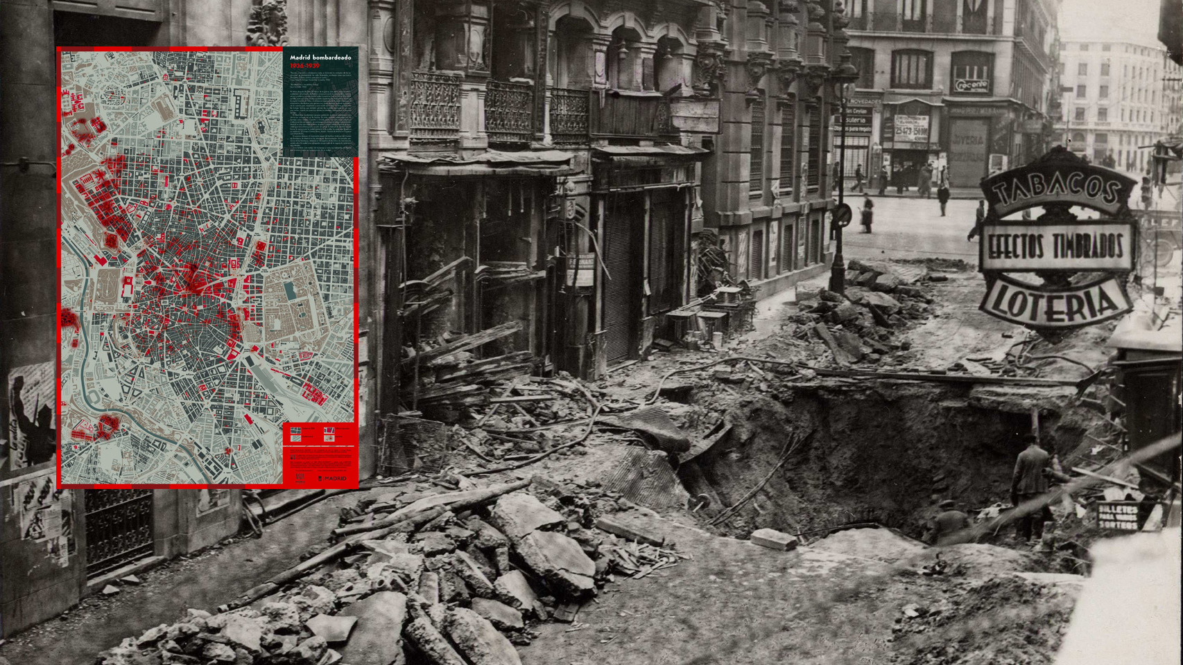 Una calle de Madrid destrozada por una bomba de la aviación franquista.