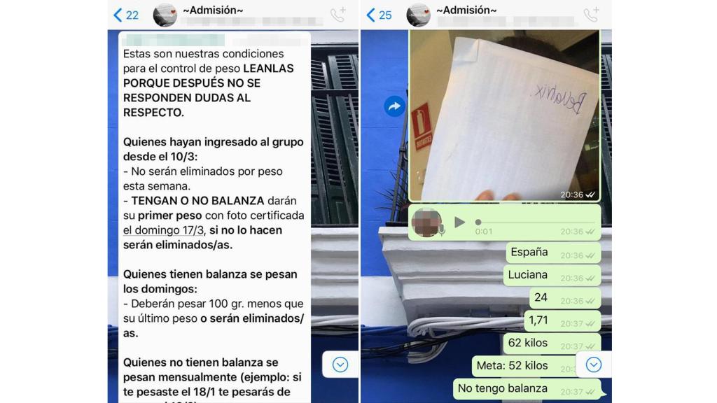 En la imagen, capturas de los  exigentes grupos de WhatsApp a los que no es fácil entrar.