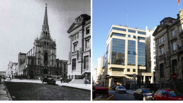 Antiguo templo de los jesuitas y moderna edificación de viviendas, cuyo bajo ocupa la iglesia.