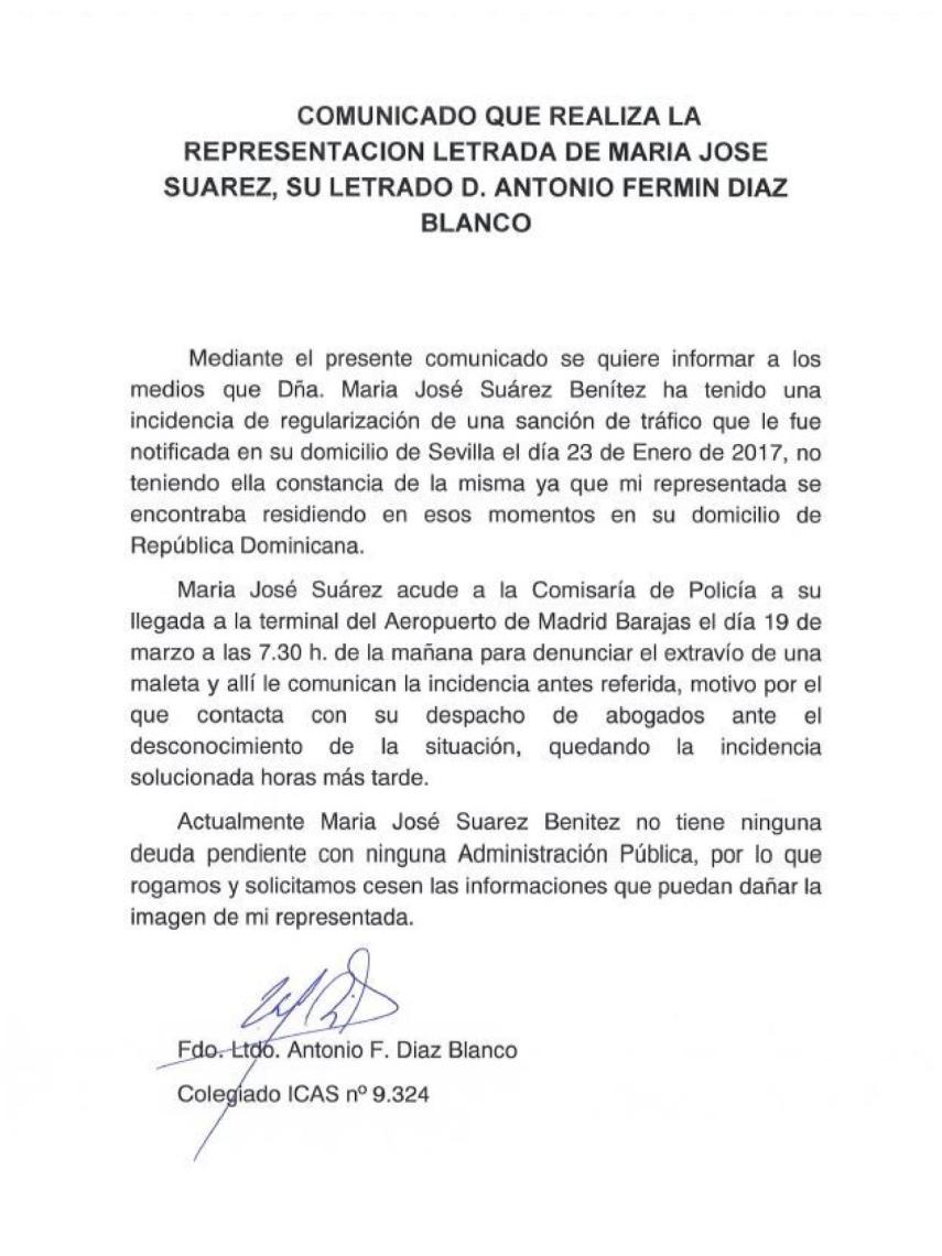 Comunicado oficial remitido por María José Suárez.