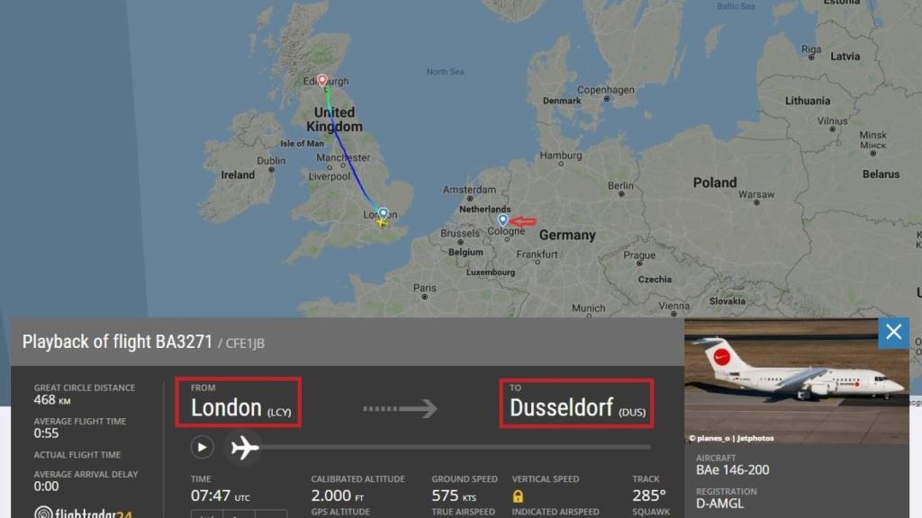 Ruta del vuelo BA3271 que debía dirigirse a Dusseldorf y aterrizó por error en Edimburgo.
