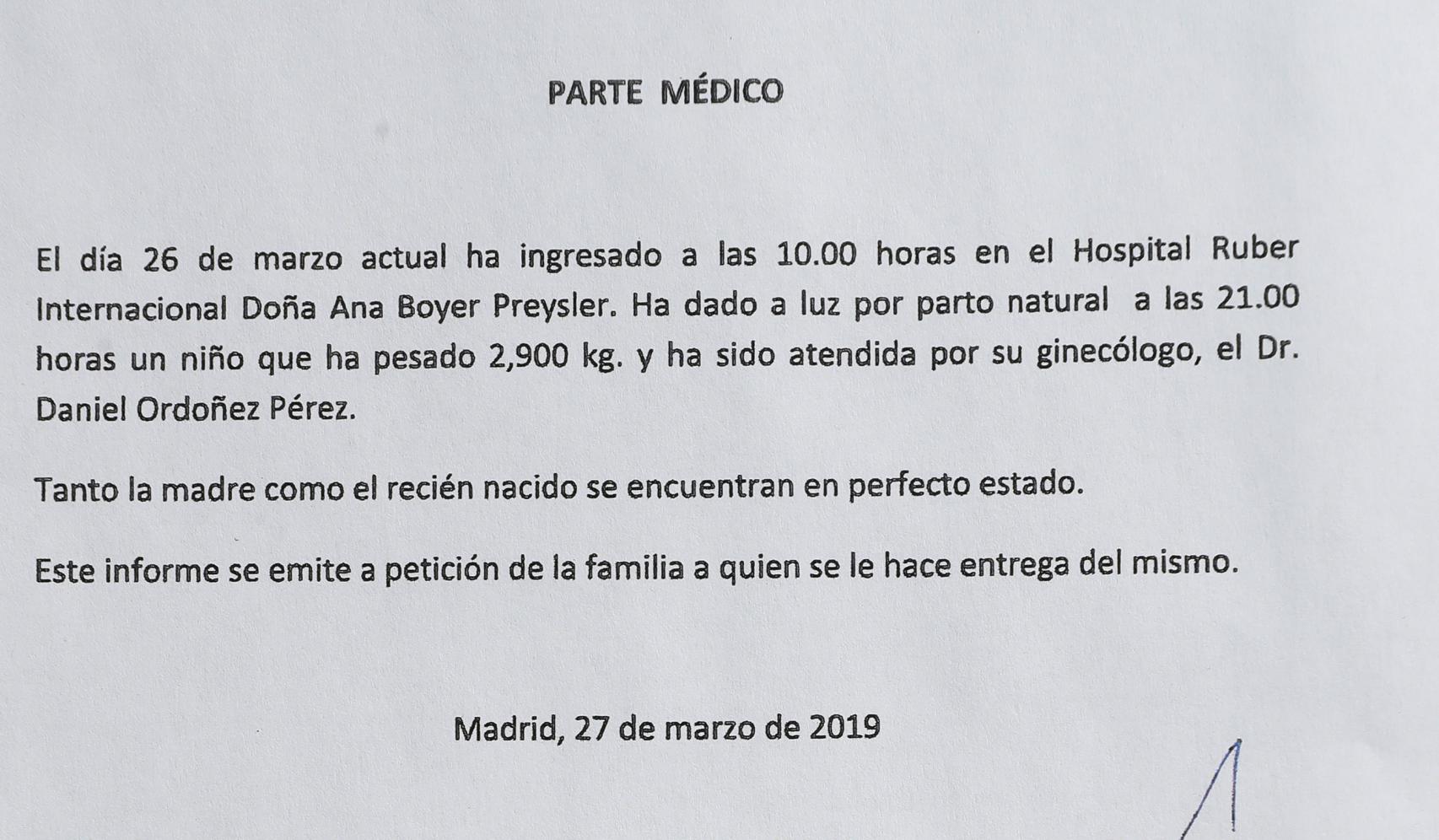 Parte médico del nacimiento del hijo de Ana Boyer y Fernando Verdasco.