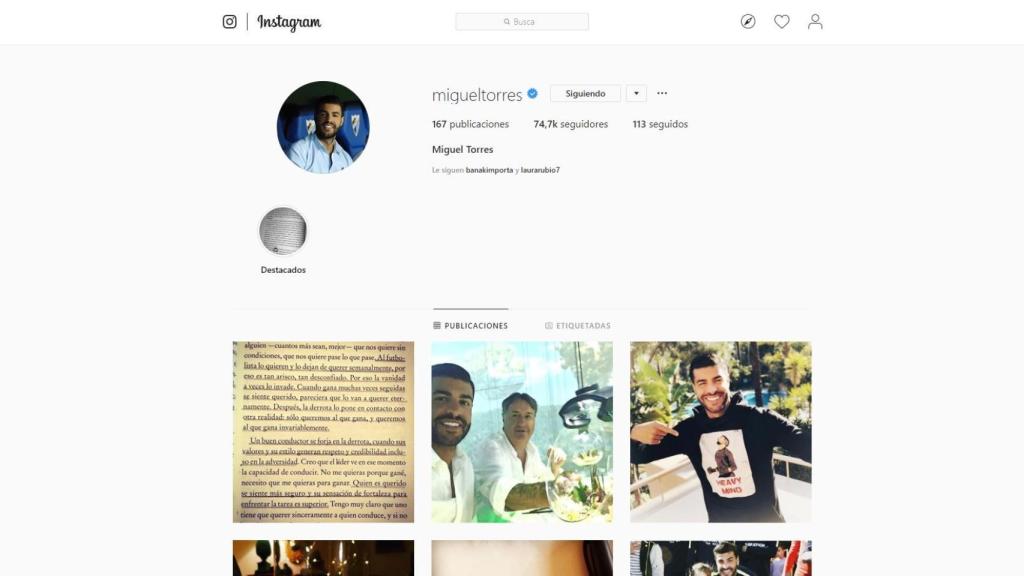 Captura del perfil de Miguel Torres en Instagram.