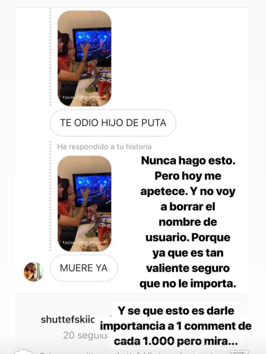 Captura del mensaje de Miki y su 'acosador' en redes.