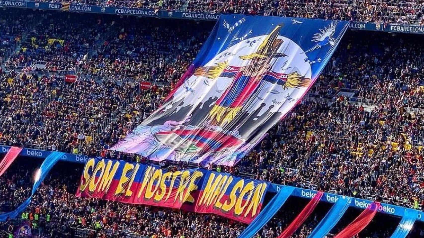 Tifo del Camp Nou para el Barcelona - Espanyol de La Liga. Foto: Twitter (@elchiringuitotv)