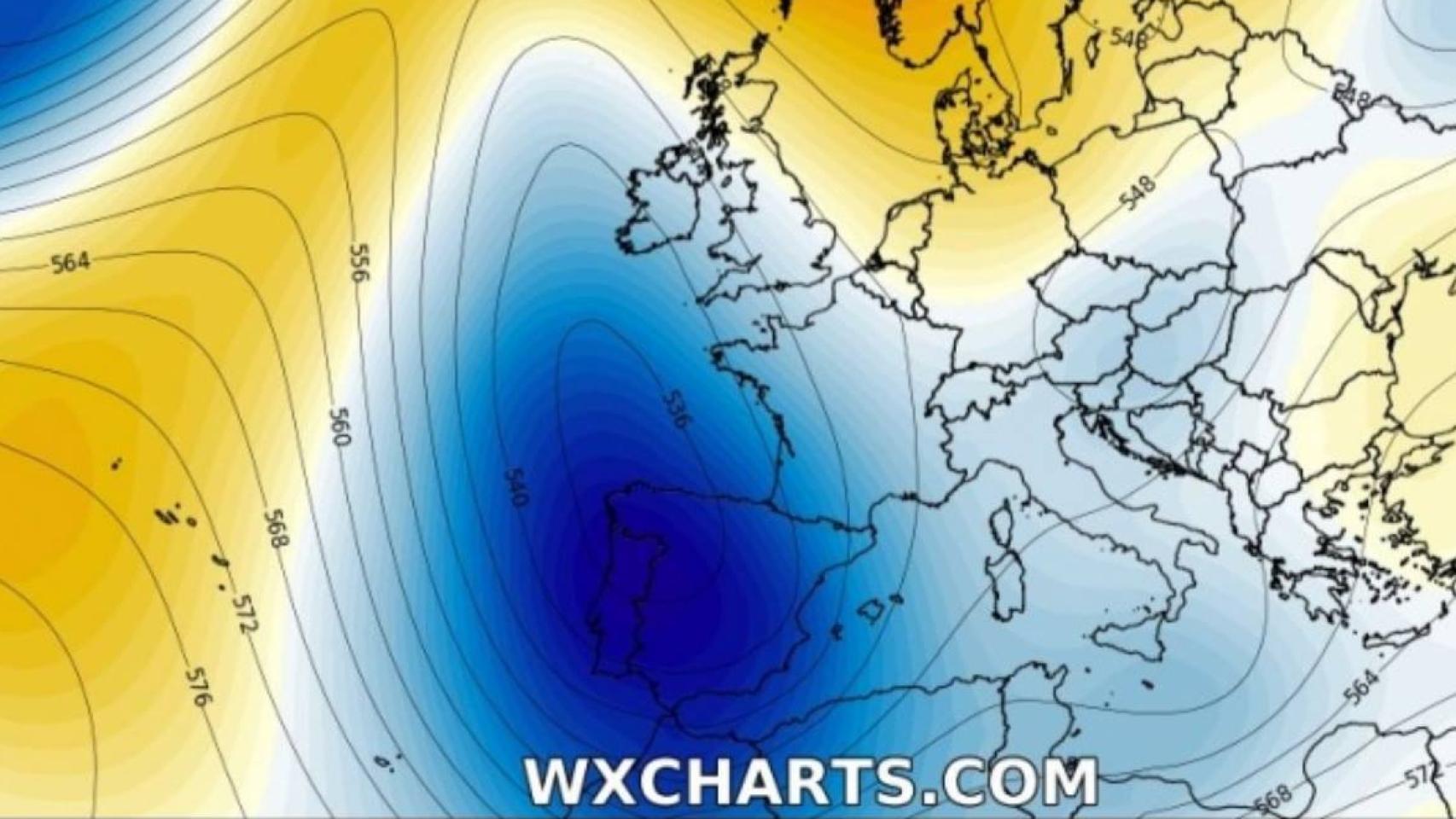 Proyección de bajas presiones sobre la Península Ibérica para el sábado 6. Severe-weather.eu.