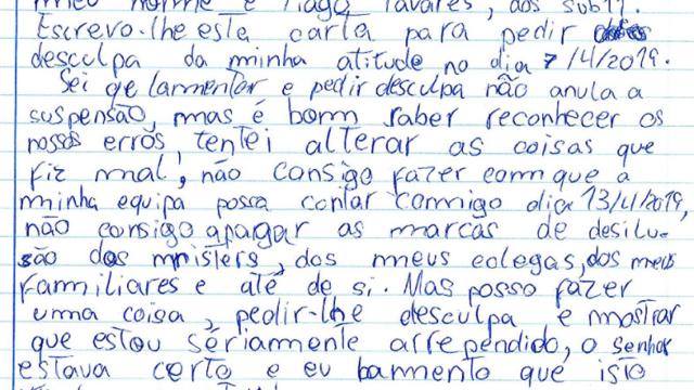 Carta de Tiago Tavares. Foto: Facebook (@GDSCoficial)