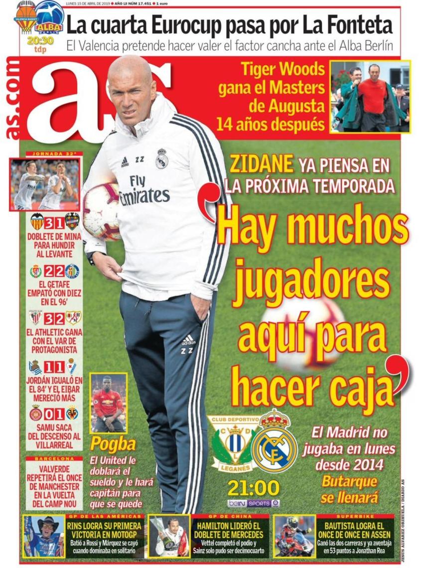 La portada del diario AS (15/04/2019)