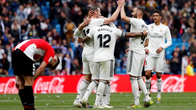 Los jugadores del Real Madrid celebran la victoria ante el Athletic
