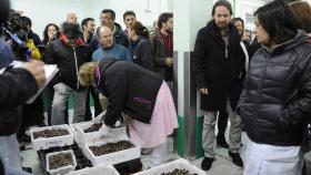 Pablo Iglesias durante su visita de ayer a la lonja coruñesa