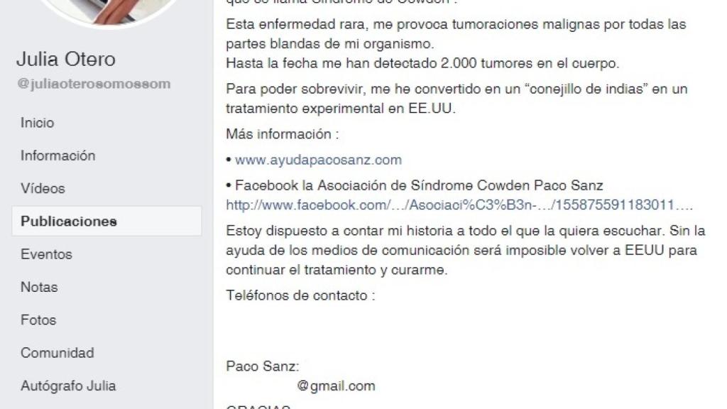 Mensaje de Pedro Sanz a Julia Otero en Facebook para que apoyara su causa.
