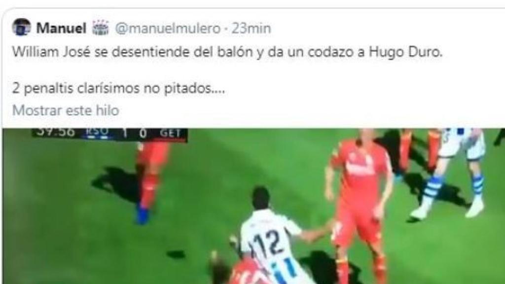 La reacción de Hugo Duro al polémico penalti. Foto: Twitter (@elchiringuitotv)